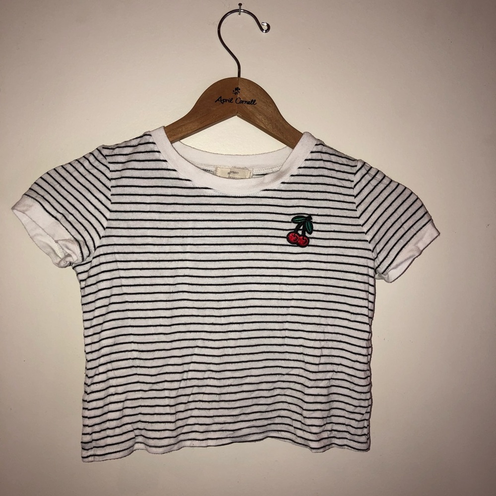 Black and white striped crop top with cherry patch